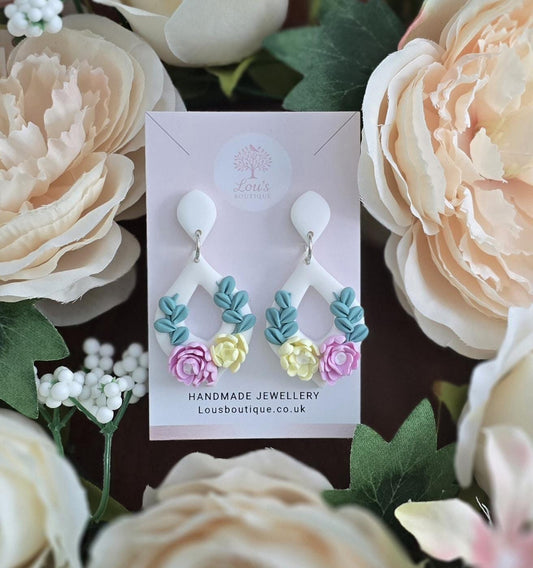 Handmade white floral flower sterling silver dangle drop stud earrings | unique earrings | lightweight earrings | gift for her |Polymer clay