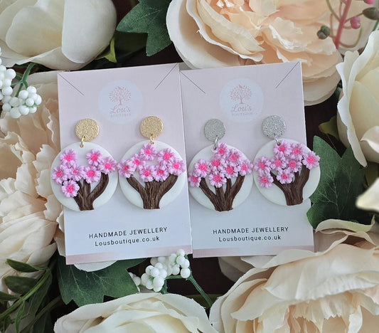 Handmade cherry blossom tree sterling silver or gold dangle stud earrings, nature inspired, lightweight earrings, gift for her, Polymer clay