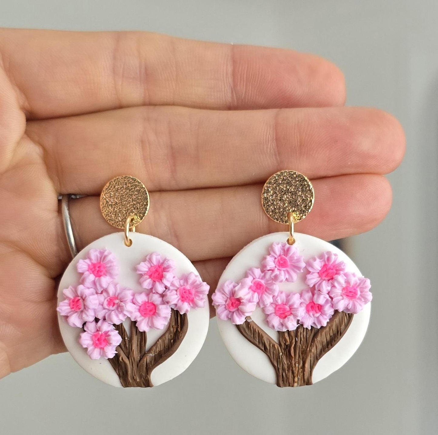 Handmade cherry blossom tree sterling silver or gold dangle stud earrings, nature inspired, lightweight earrings, gift for her, Polymer clay