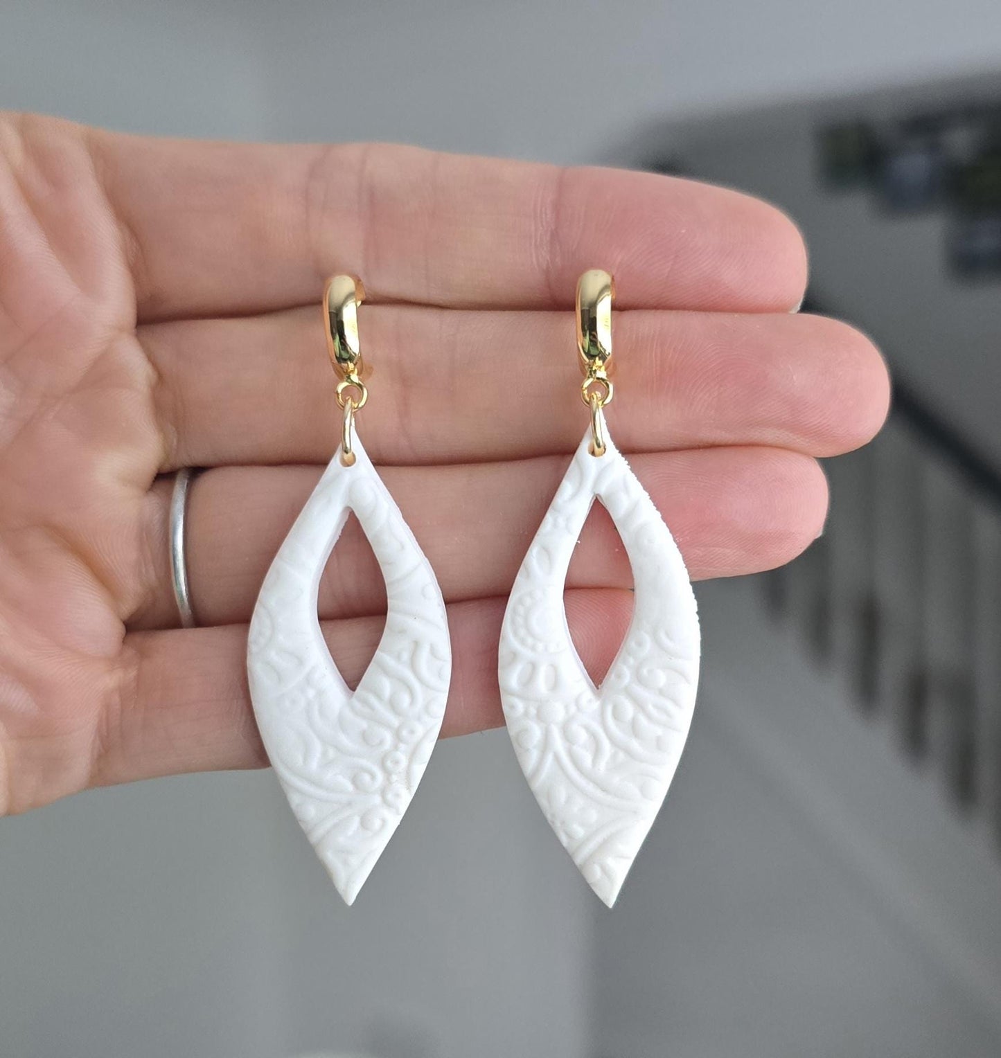Handmade white or purple textured sterling silver or gold drop hoop unique stud earrings, lightweight earrings, gift for her, Polymer clay