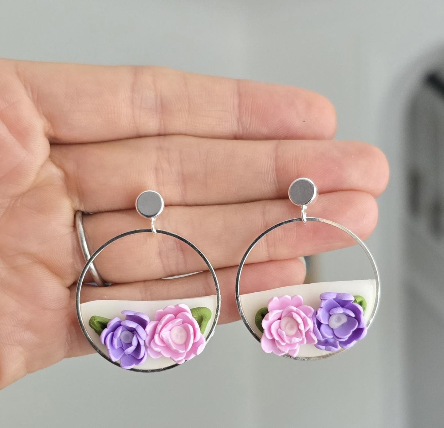 Handmade white floral flower sterling silver or gold dangle stud circle earrings, lightweight earrings, gift for her, Polymer clay
