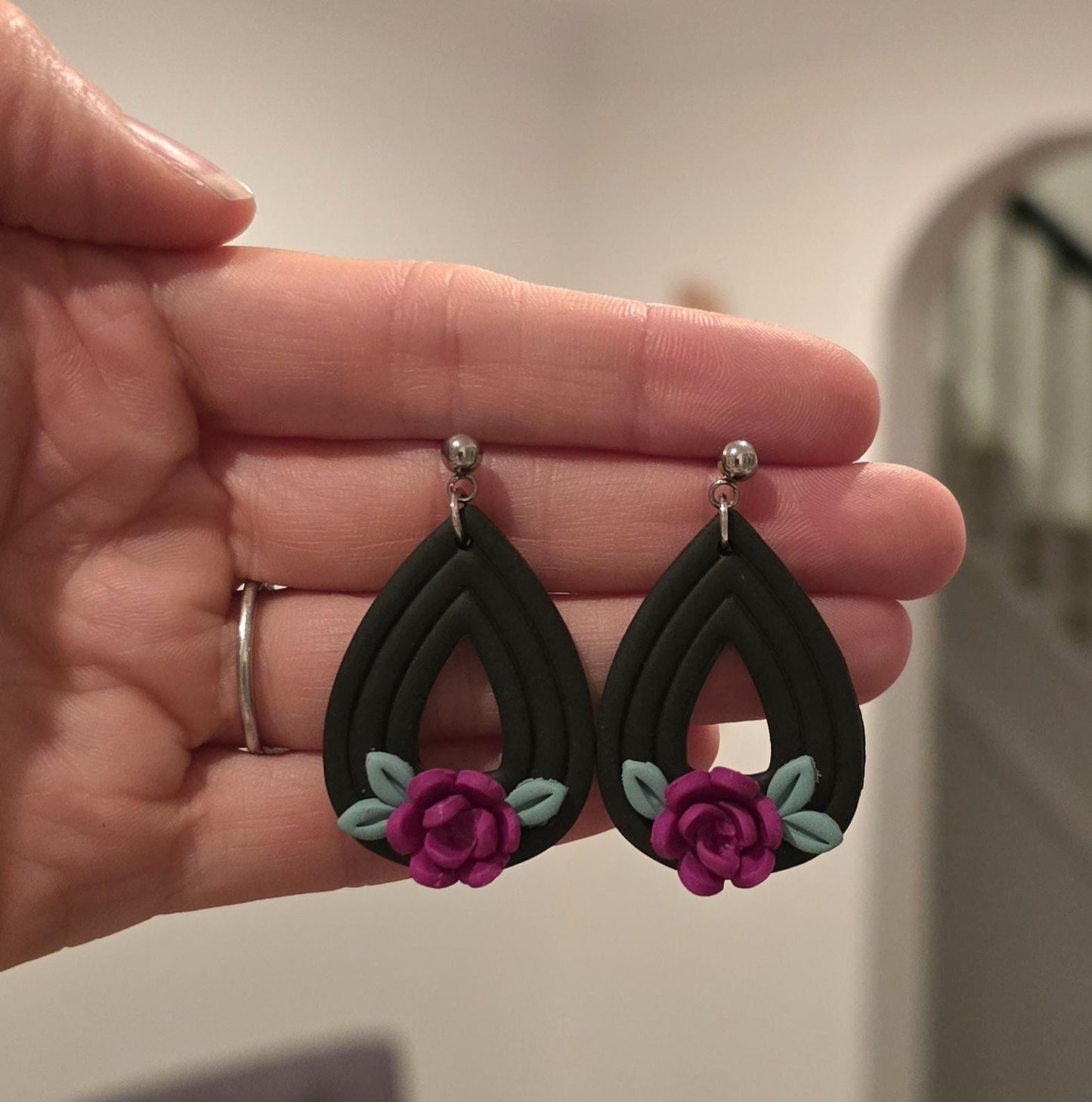 Handmade black floral flower sterling silver or gold teardrop stud earrings | lightweight earrings |gift for her |Polymer clay