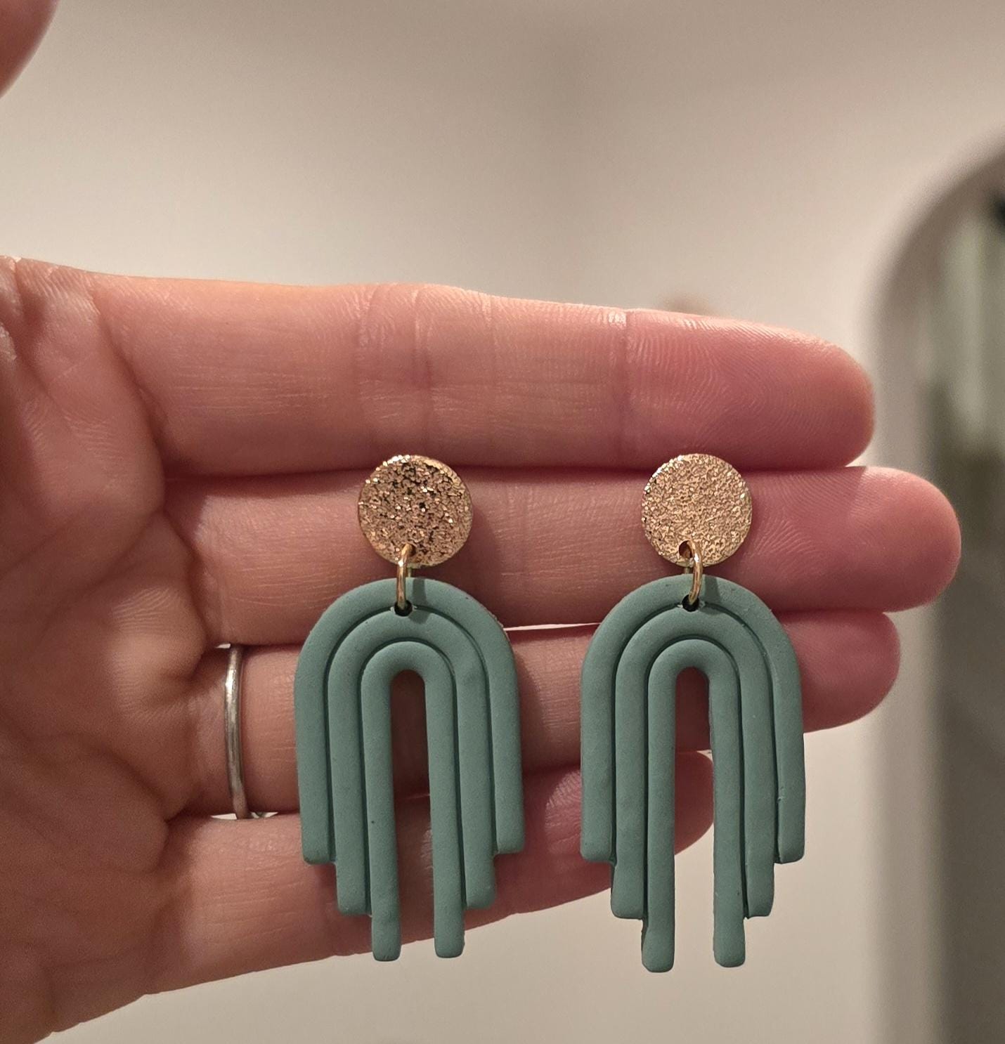 Handmade art deco sage green arch dangle stud earrings |Polymer clay |summer statement earings |gift for her |light weight earings