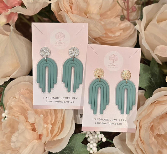 Handmade art deco sage green arch dangle stud earrings |Polymer clay |summer statement earings |gift for her |light weight earings