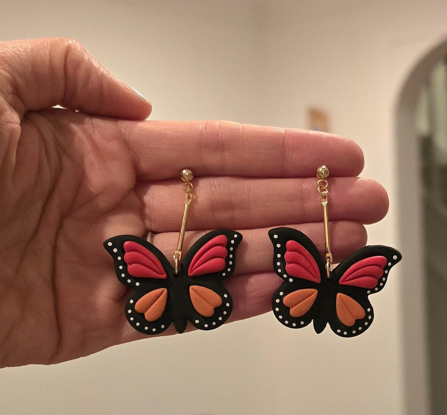 Handmade monarch butterfly dangle drop gold stud earrings |Polymer clay earrings | summer statement earrings | gift for her | light weight (Copy)
