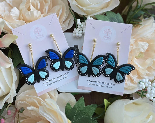 Handmade green or blue butterfly dangle drop gold stud earrings |Polymer clay earrings | summer statement | gift for her | light weight