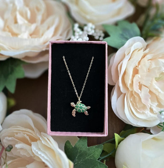 Handmade green turtle solid 925 sterling silver 14k gold plated necklace | animal nature necklace | Italian silver | longevity luck wisdom