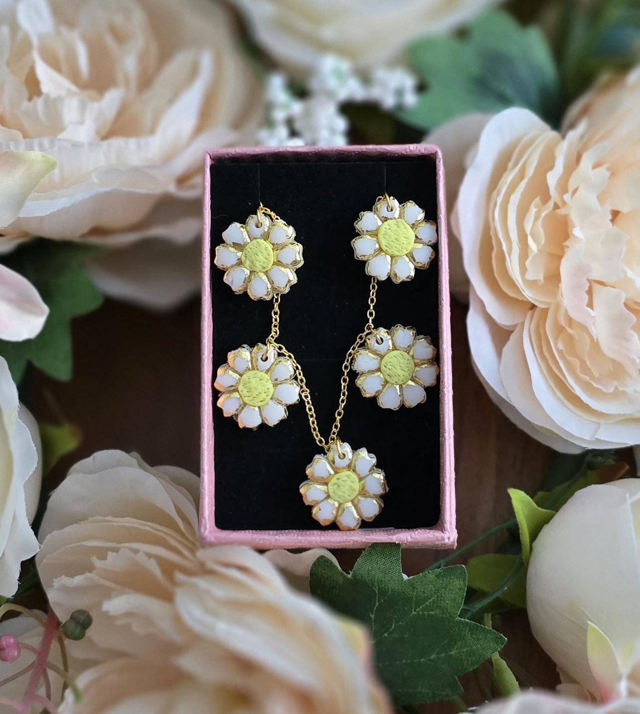 Handmade white yellow & gold multi layer daisy necklace |Polymer clay | nature flower necklace |gift for her |light weight statement