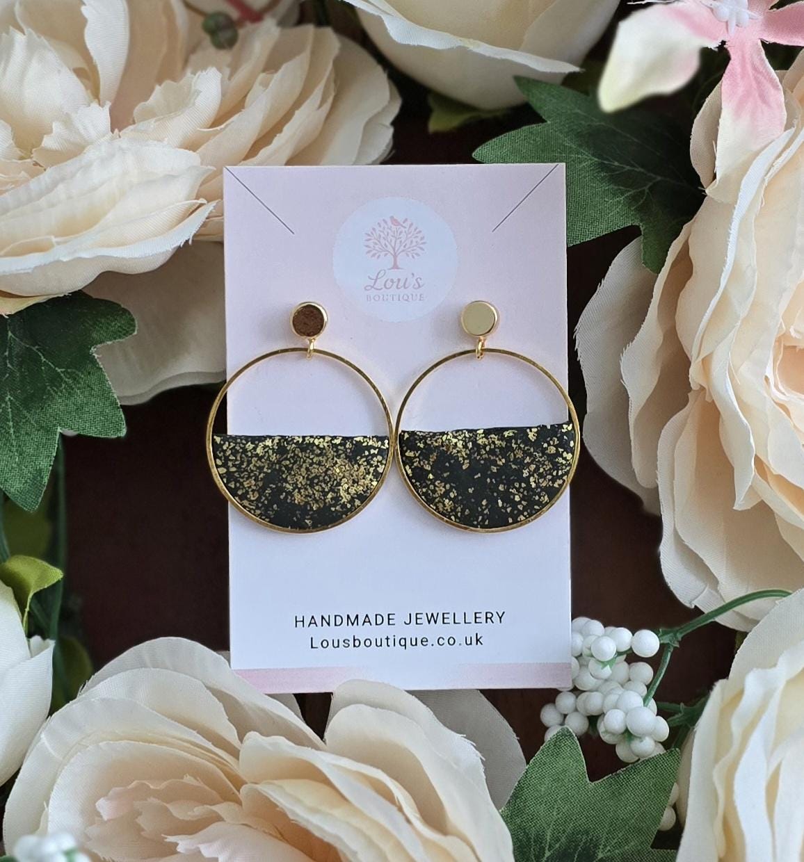 Handmade black and gold or blue marble sterling silver dangle stud circle earrings, lightweight earrings, gift for her, Polymer clay