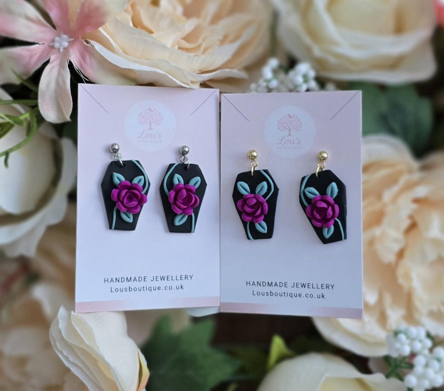 Handmade spooky season creepy Halloween earrings | floral coffin or 3d ghosts | sterling silver or gold | Polymer clay | gothic, costume ear
