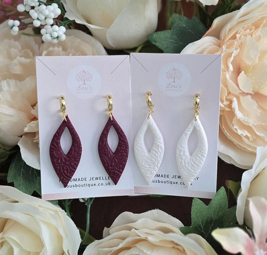 Handmade white or purple textured sterling silver or gold drop hoop unique stud earrings, lightweight earrings, gift for her, Polymer clay
