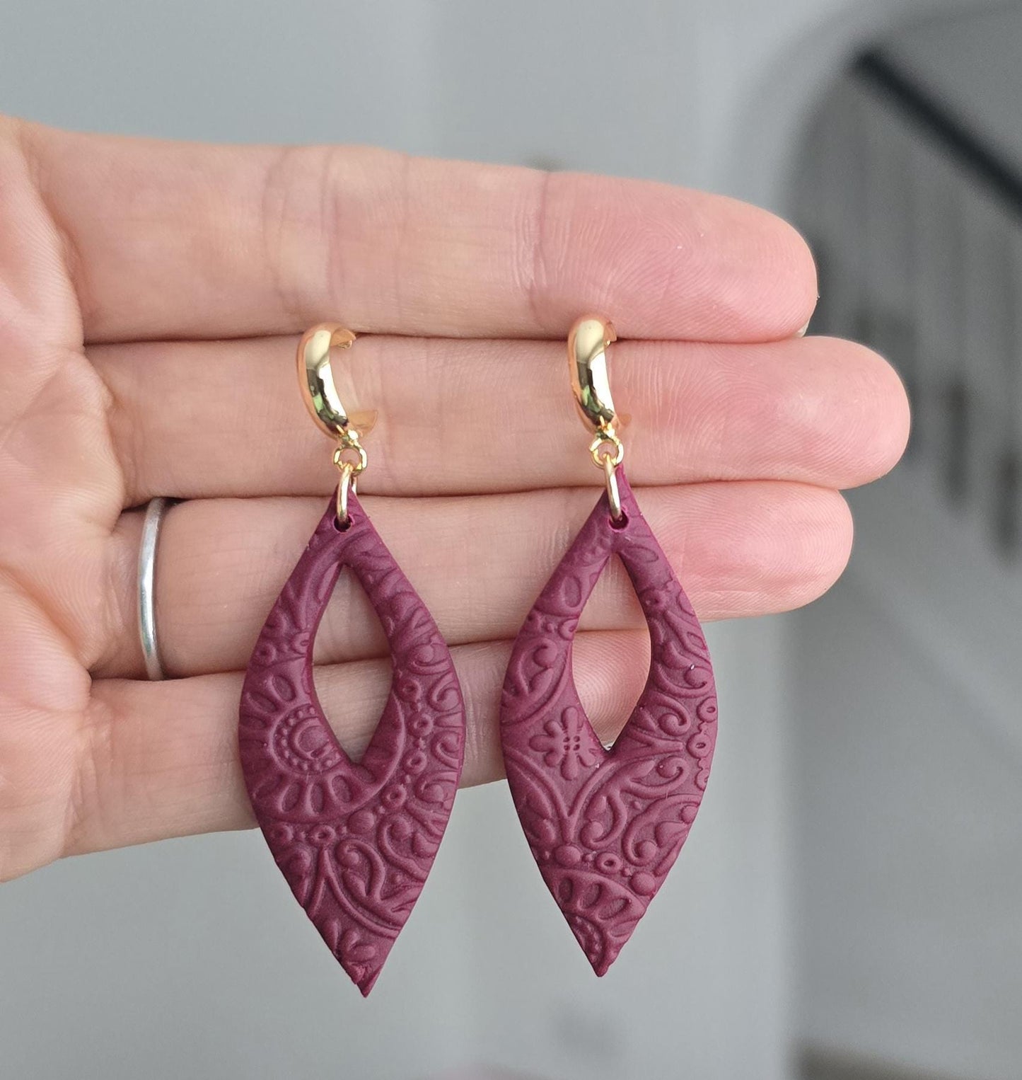Handmade white or purple textured sterling silver or gold drop hoop unique stud earrings, lightweight earrings, gift for her, Polymer clay