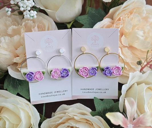 Handmade white floral flower sterling silver or gold dangle stud circle earrings, lightweight earrings, gift for her, Polymer clay