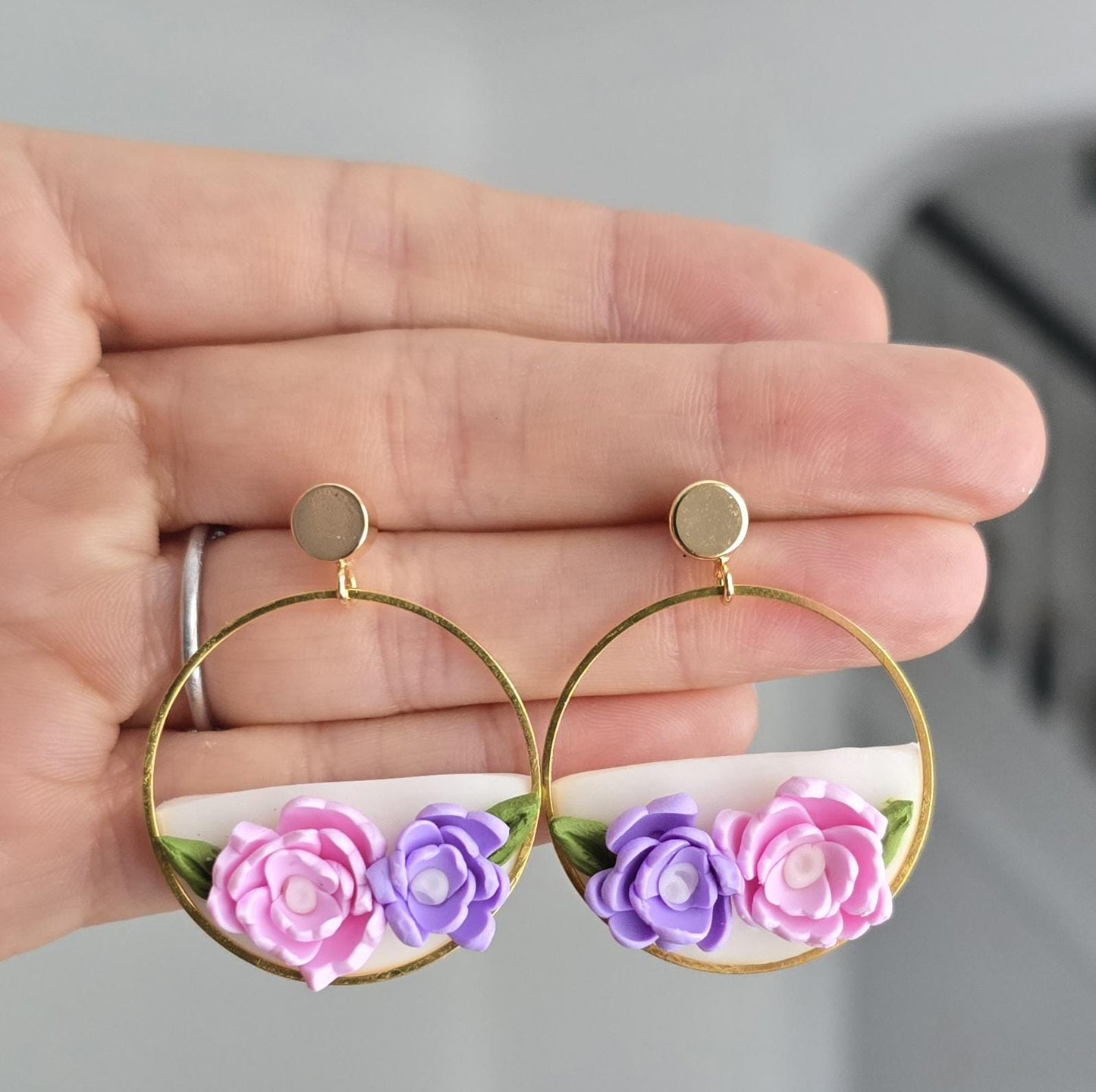 Handmade white floral flower sterling silver or gold dangle stud circle earrings, lightweight earrings, gift for her, Polymer clay