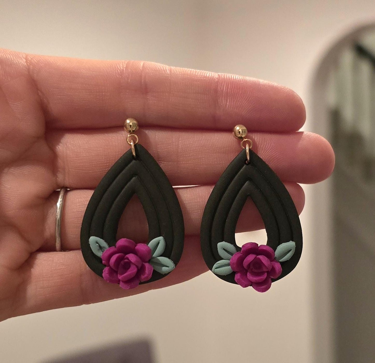 Handmade black floral flower sterling silver or gold teardrop stud earrings | lightweight earrings |gift for her |Polymer clay