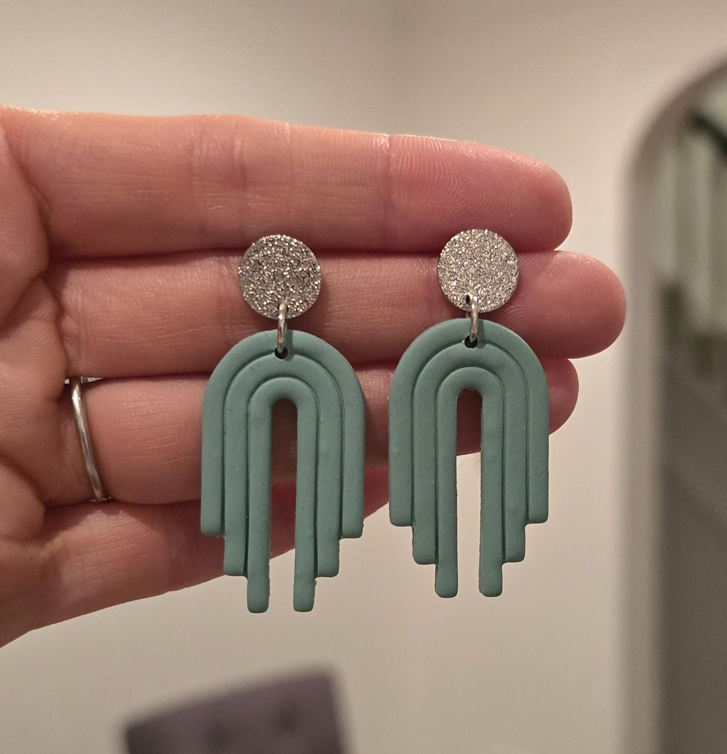 Handmade art deco sage green arch dangle stud earrings |Polymer clay |summer statement earings |gift for her |light weight earings