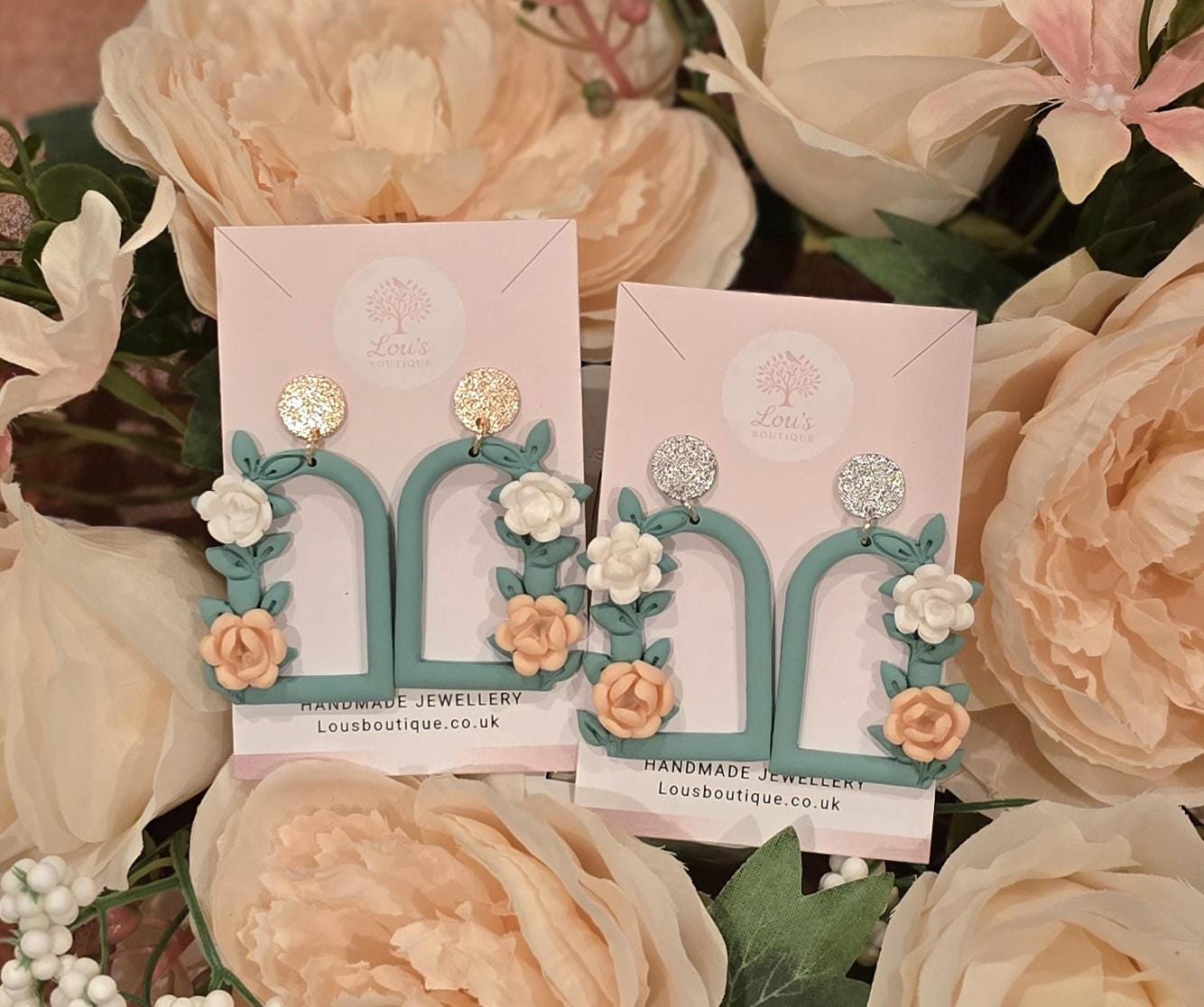 Handmade unique sage green window floral flower sterling silver or gold stud earrings | lightweight earrings | gift for her | Polymer clay