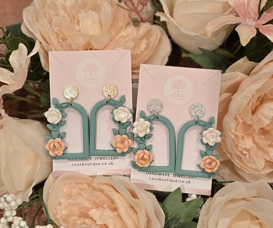 Handmade unique sage green window floral flower sterling silver or gold stud earrings | lightweight earrings | gift for her | Polymer clay