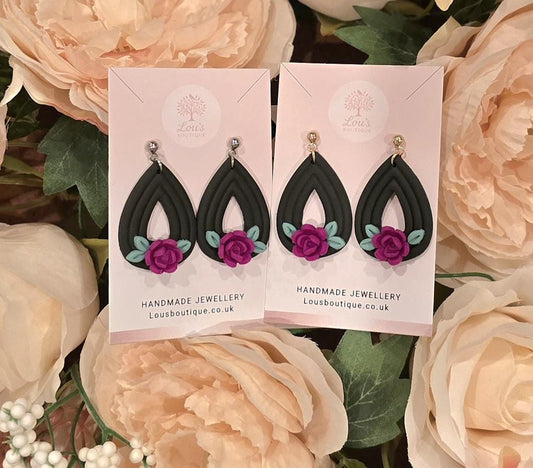 Handmade black floral flower sterling silver or gold teardrop stud earrings | lightweight earrings |gift for her |Polymer clay