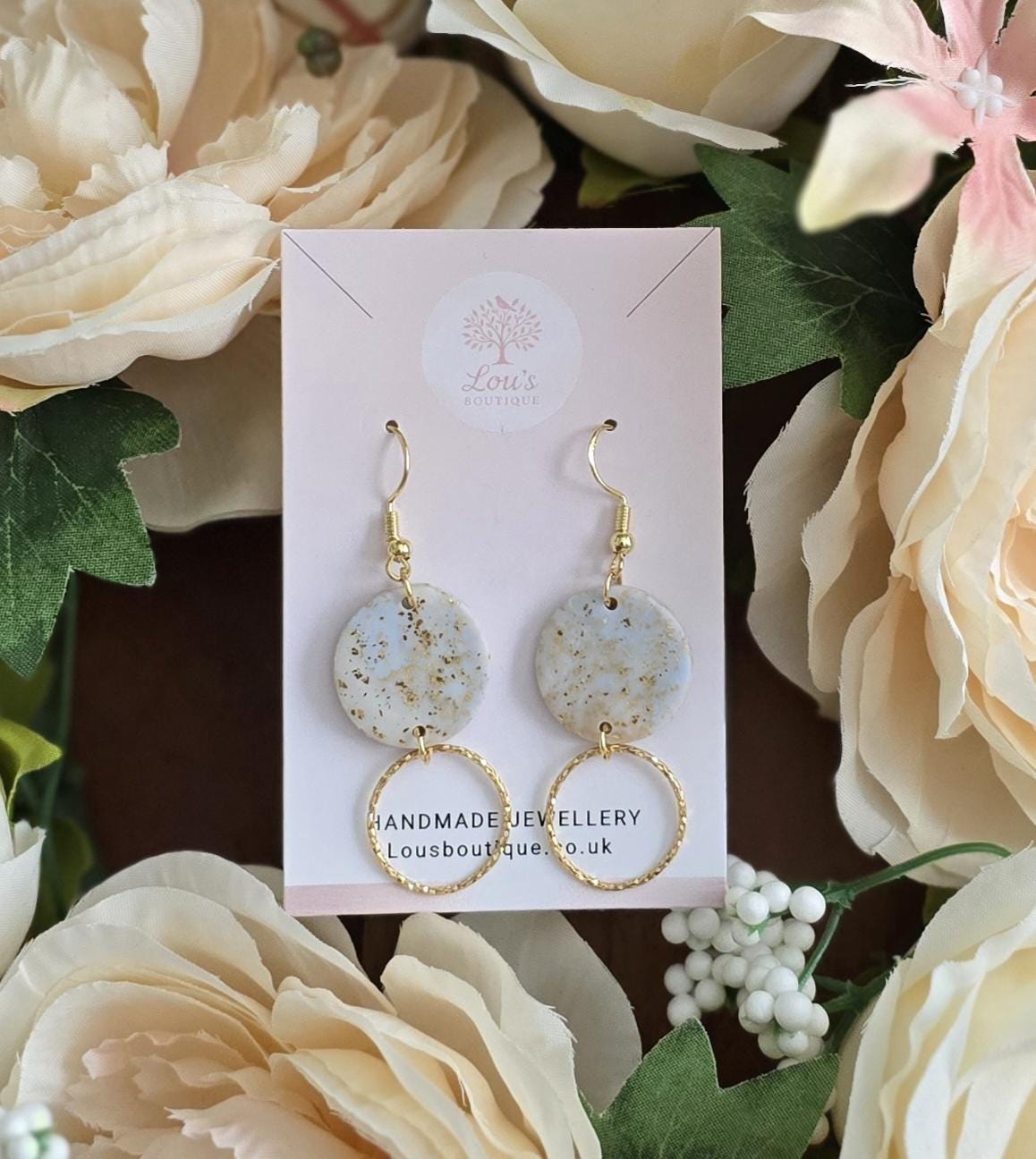 Handmade double circle gold dangle drop earrings |Polymer clay |summer statement earrings |gift for her |light weight earings