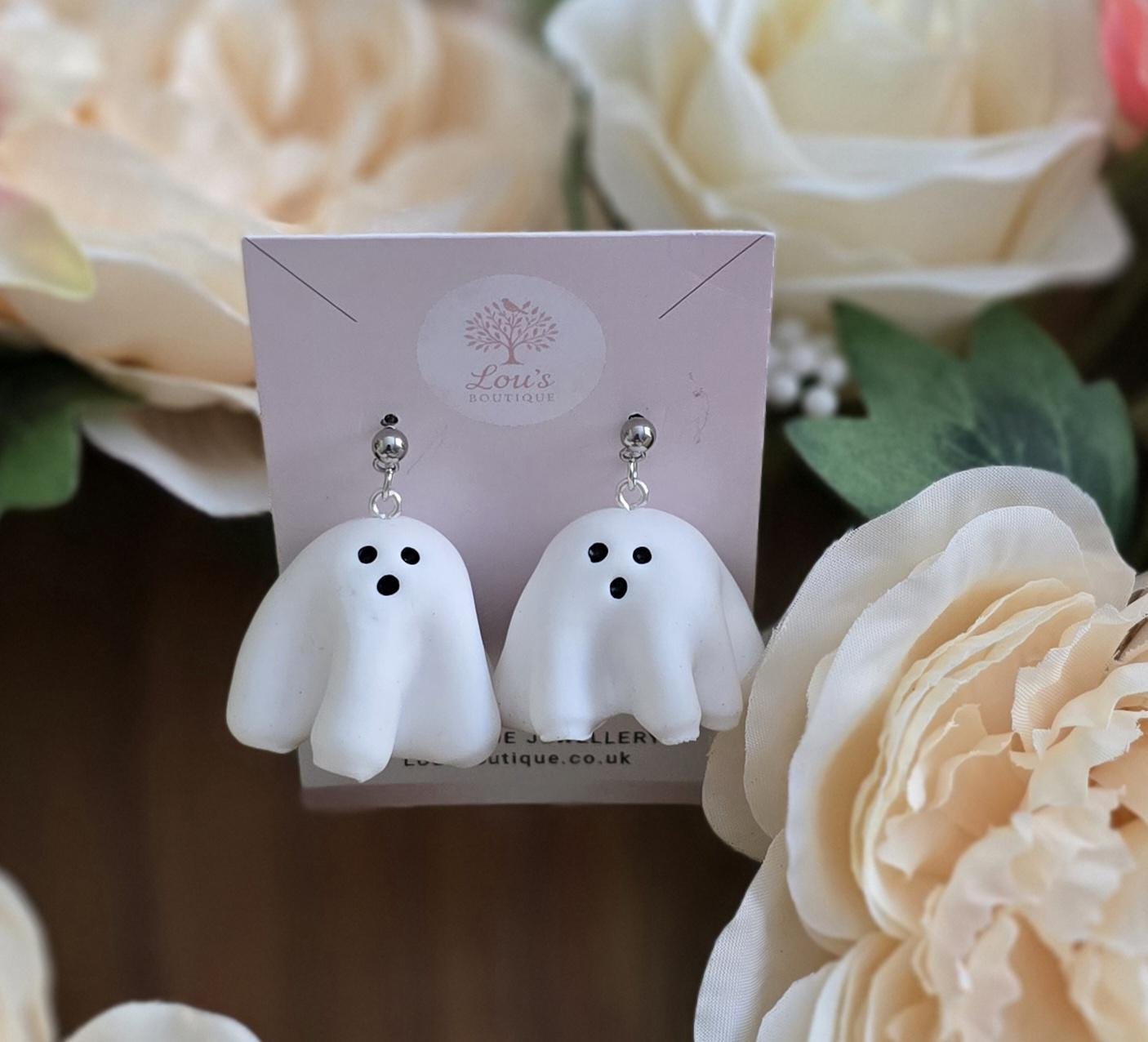 Handmade spooky season creepy Halloween earrings | floral coffin or 3d ghosts | sterling silver or gold | Polymer clay | gothic, costume ear