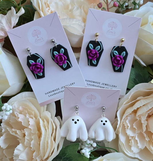 Handmade spooky season creepy Halloween earrings | floral coffin or 3d ghosts | sterling silver or gold | Polymer clay | gothic, costume ear