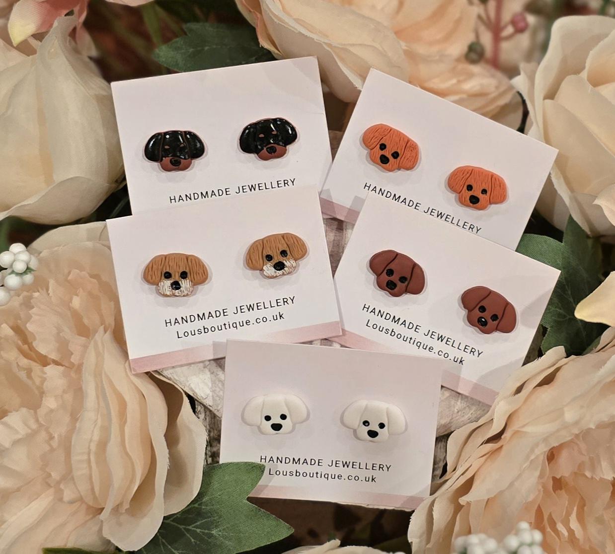 Handmade Dog Stud Earrings, Sterling Silver Posts, Polymer Clay