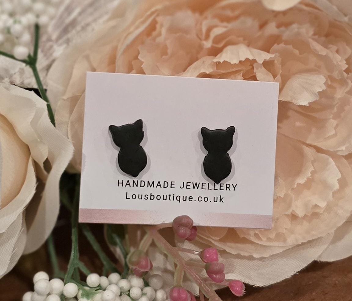 Handmade Cat Stud Earrings | Sterling Silver, Polymer Clay