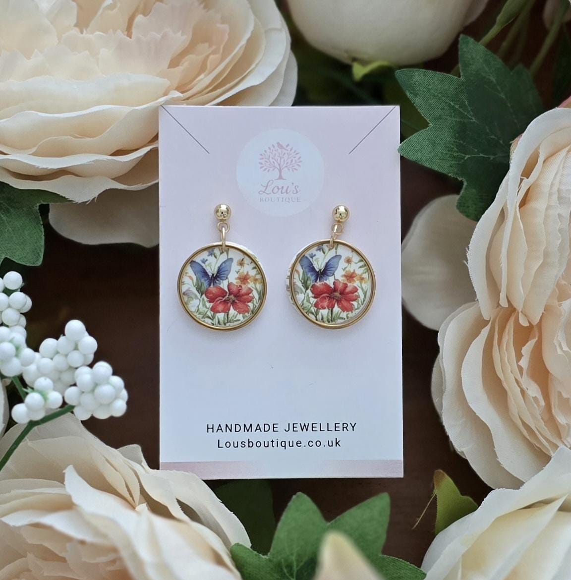 Handmade Circle Floral Polymer Clay Dangle Stud Earrings: Gold or Sterling Silver