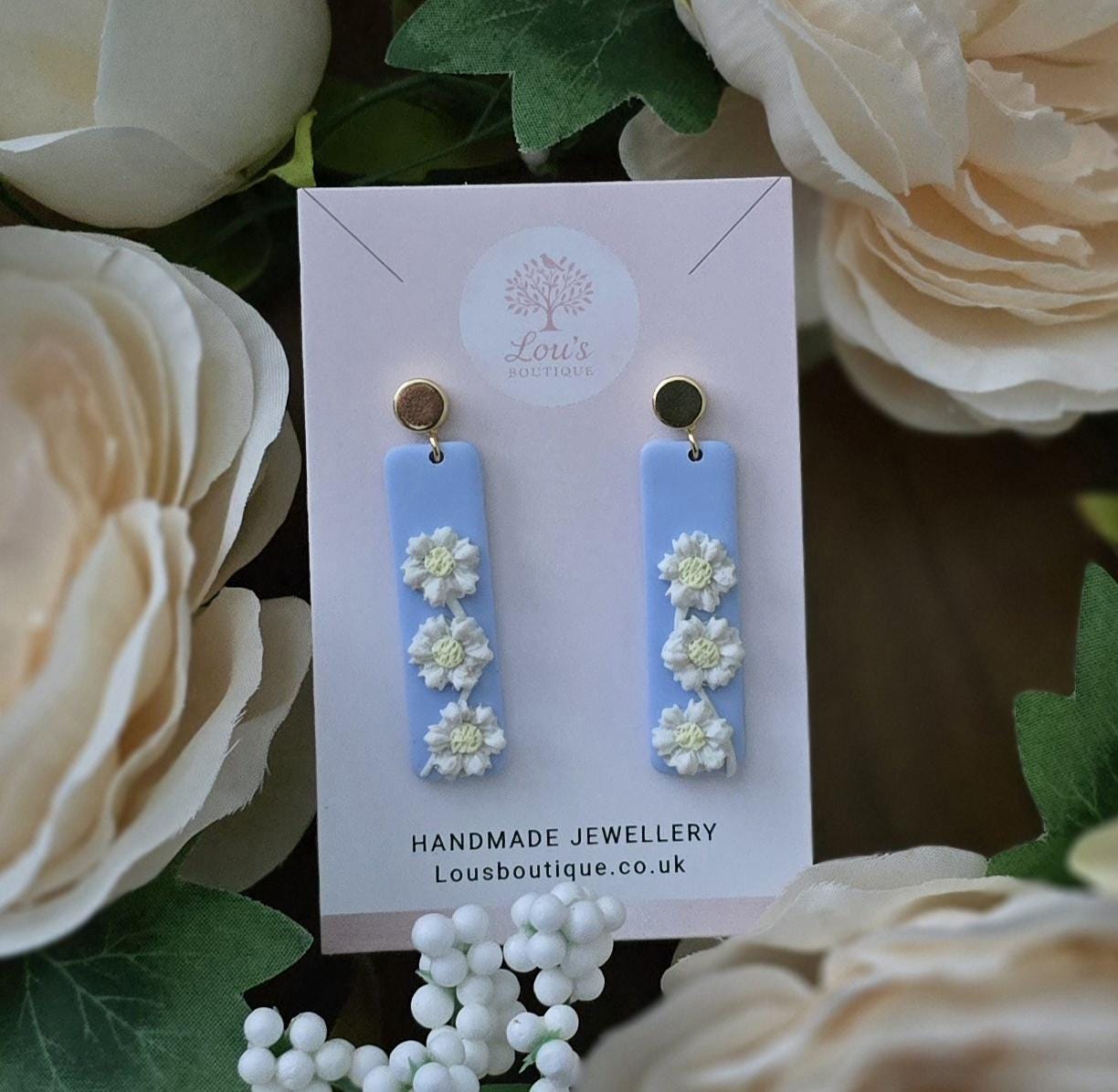 Handmade Blue Floral Daisy Drop Earrings: Polymer Clay Dangle studs, 18k Gold or Silver plated