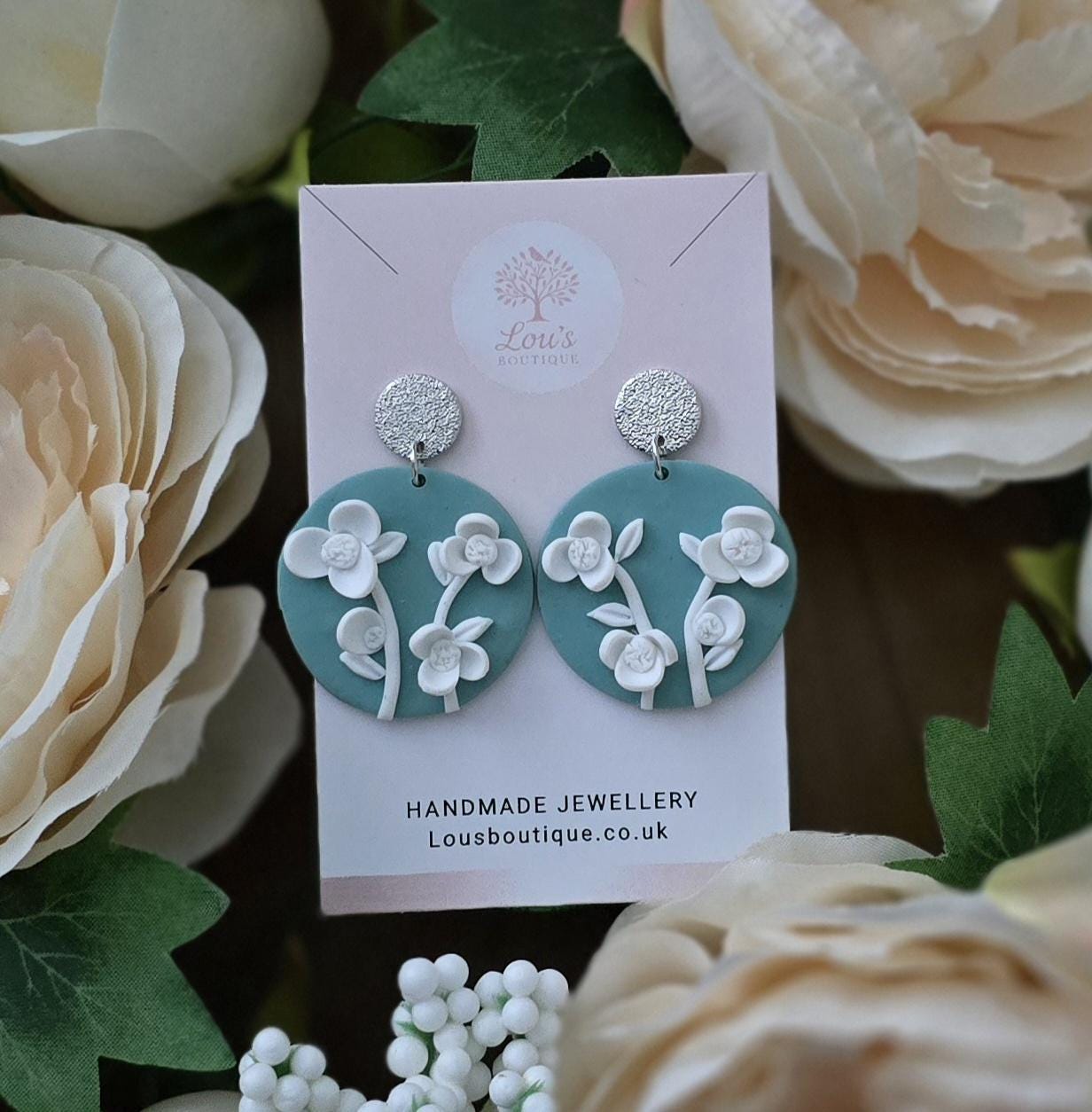 Handmade sage green and white floral flower sterling silver dangle stud earrings | unique lightweight earrings | gift for her |Polymer clay