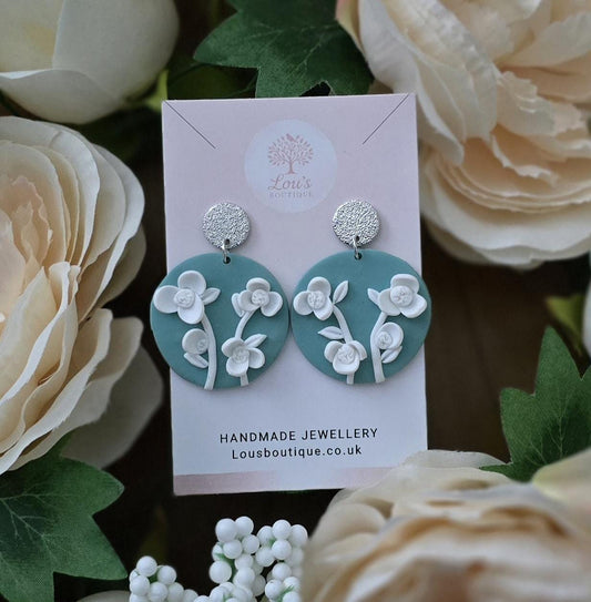 Handmade sage green and white floral flower sterling silver dangle stud earrings | unique lightweight earrings | gift for her |Polymer clay