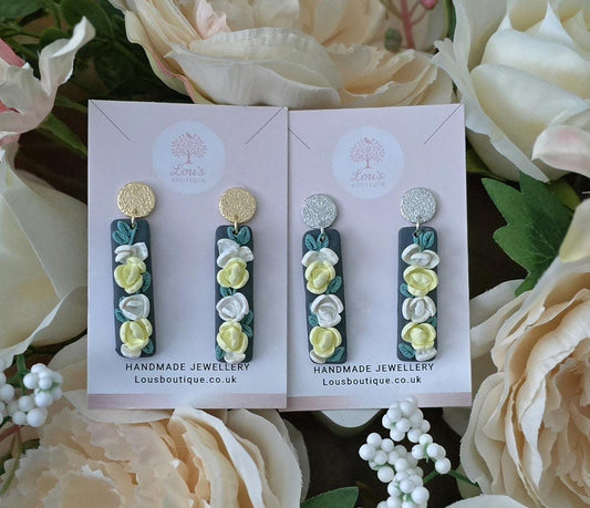 Handmade Daisy Grey Floral Polymer Clay Dangle Earrings