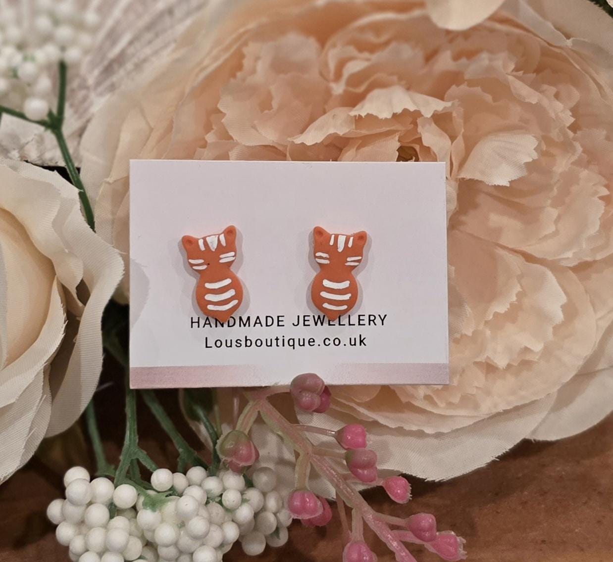 Handmade Cat Stud Earrings | Sterling Silver, Polymer Clay