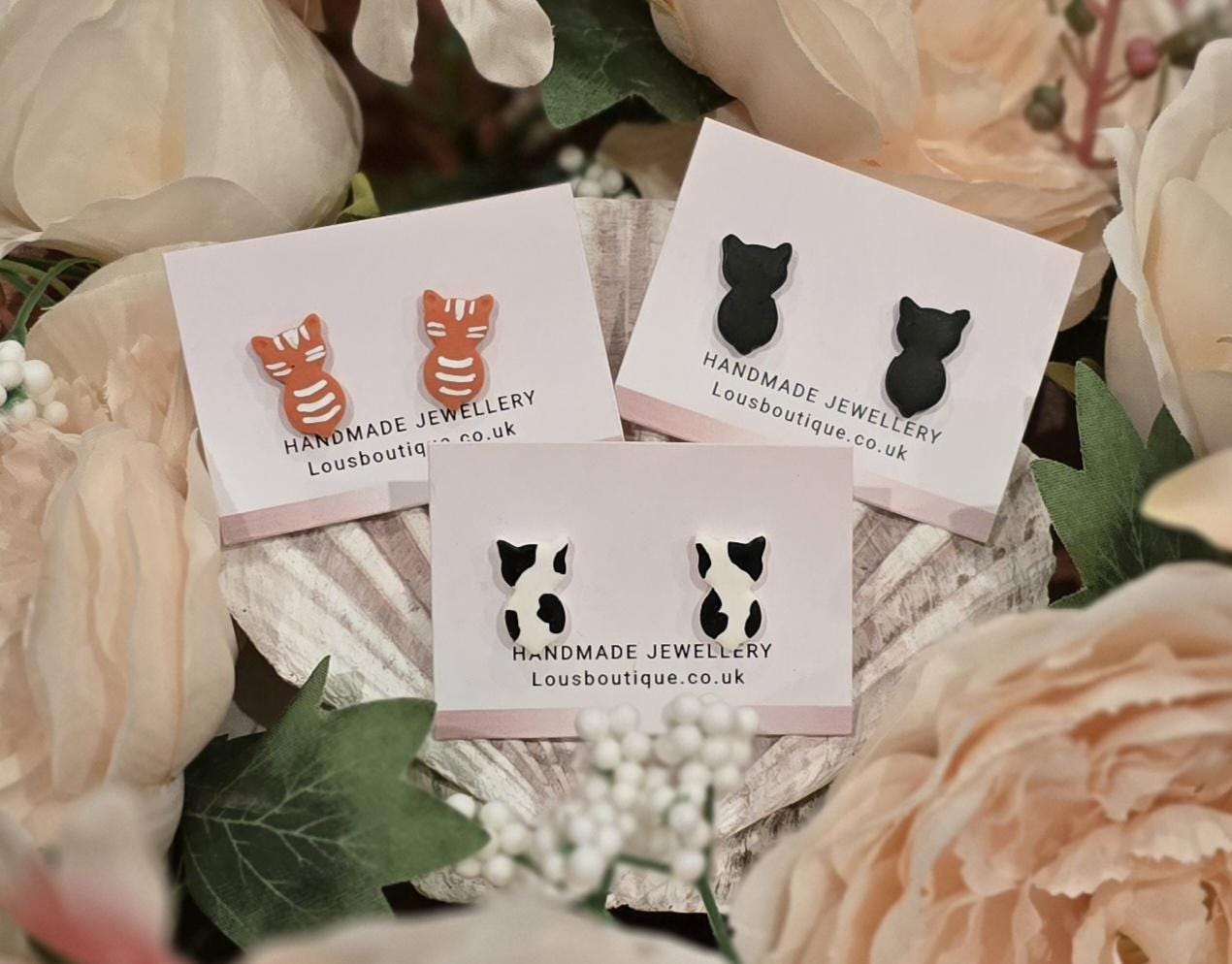Handmade Cat Stud Earrings | Sterling Silver, Polymer Clay