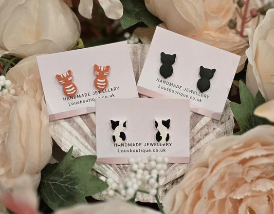 Handmade Cat Stud Earrings | Sterling Silver, Polymer Clay