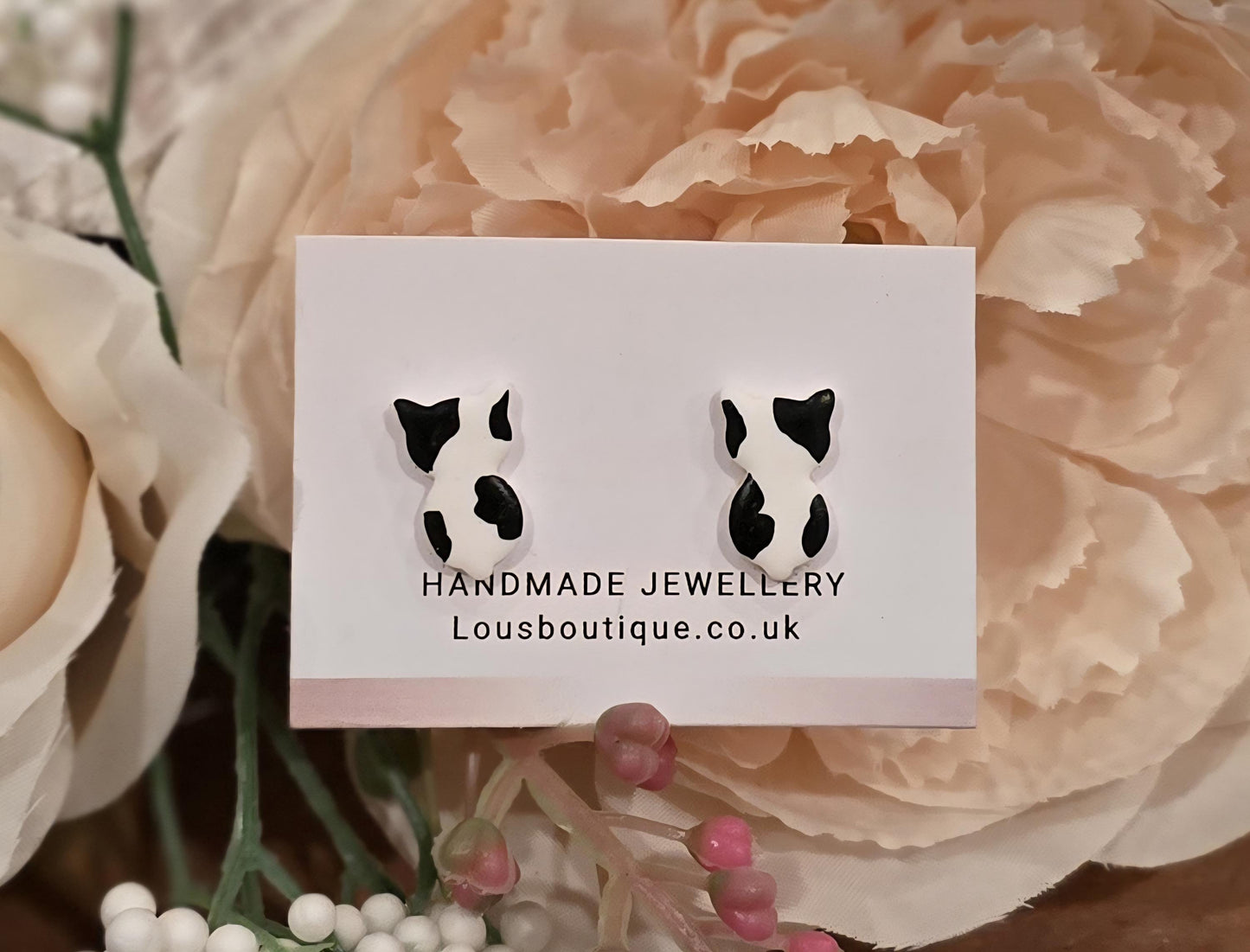 Handmade Cat Stud Earrings | Sterling Silver, Polymer Clay