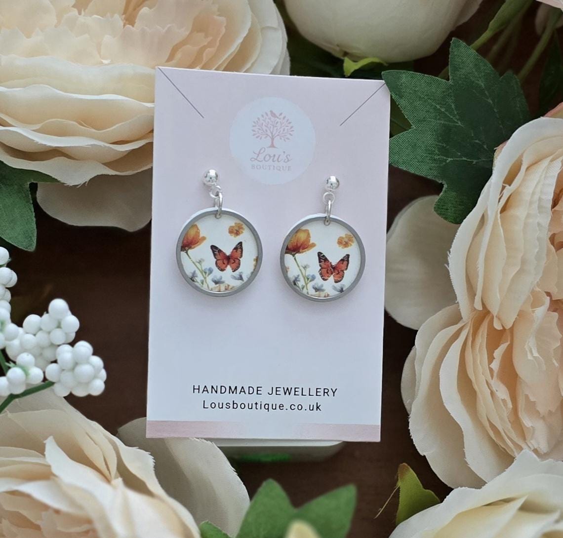Handmade Circle Floral Polymer Clay Dangle Stud Earrings: Gold or Sterling Silver