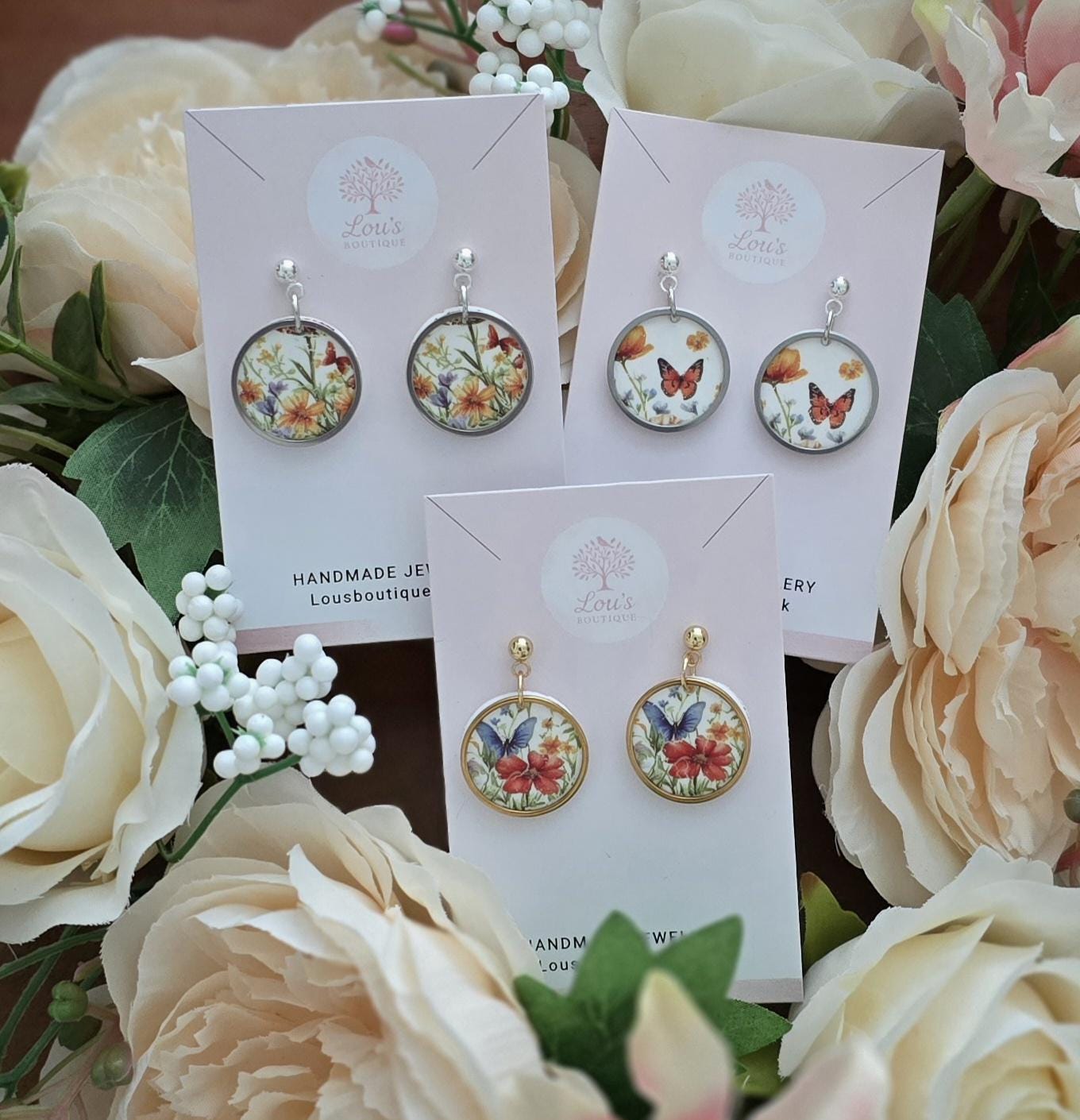 Handmade Circle Floral Polymer Clay Dangle Stud Earrings: Gold or Sterling Silver