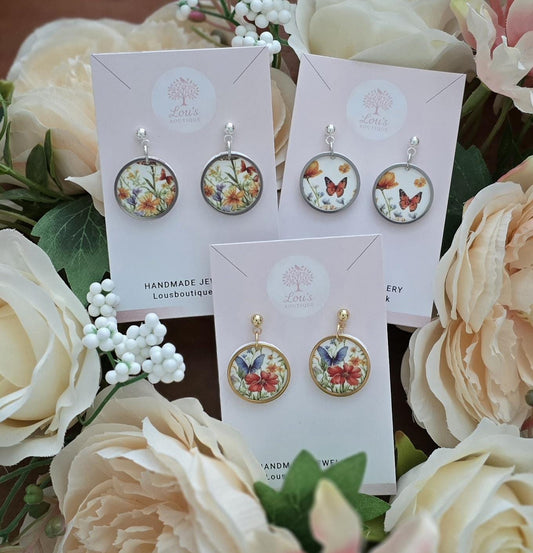 Handmade Circle Floral Polymer Clay Dangle Stud Earrings: Gold or Sterling Silver