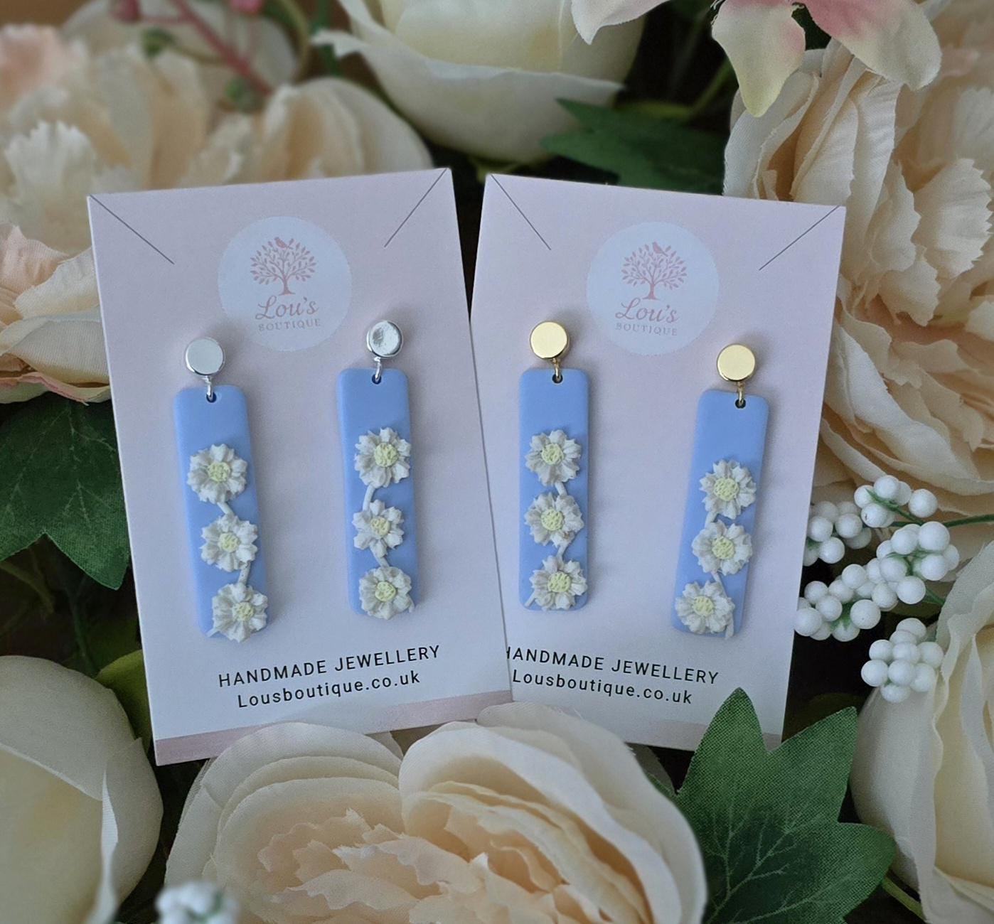 Handmade Blue Floral Daisy Drop Earrings: Polymer Clay Dangle studs, 18k Gold or Silver plated