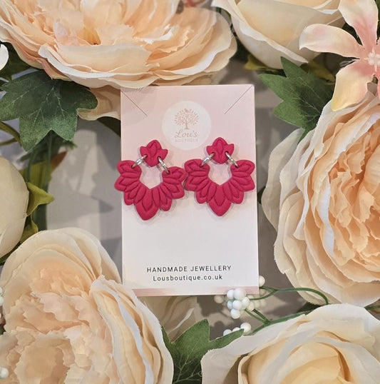 Handmade Red Floral dangle studs | Polymer Clay, Sterling Silver Plated