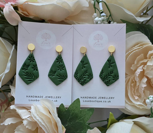 Handmade Green floral butterfly drago fly Earrings | Polymer Clay, 14k Gold studs