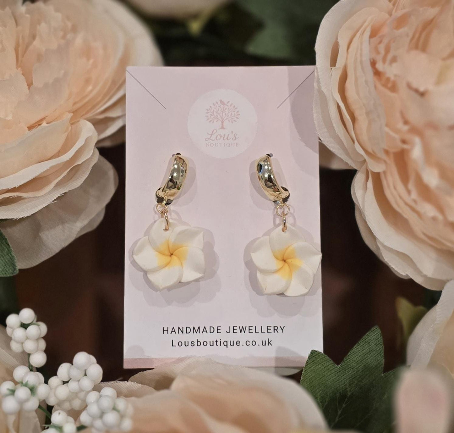 Handmade white and yellow frangipani huggie Earrings | Polymer Clay, Sterling Silver or gold plated