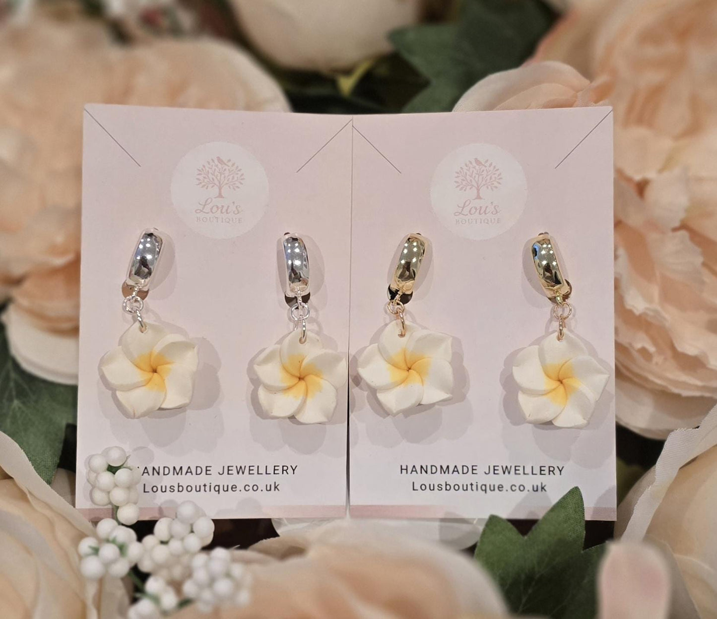 Handmade white and yellow frangipani huggie Earrings | Polymer Clay, Sterling Silver or gold plated