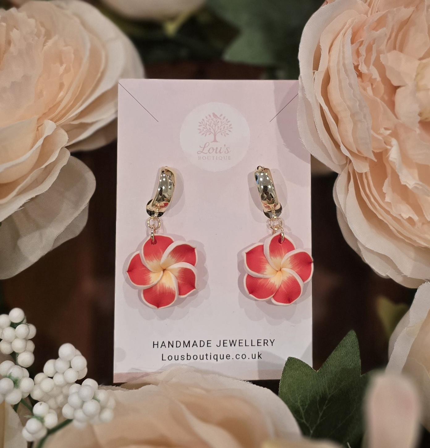 Handmade Red and yellow frangipani huggie Earrings | Polymer Clay, Sterling Silver or gold plated