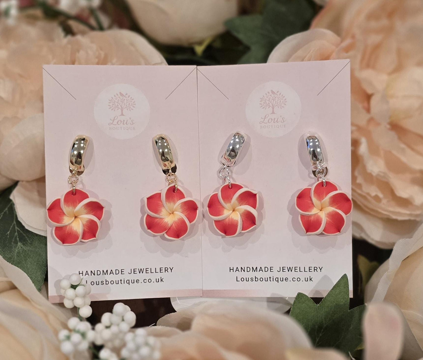 Handmade Red and yellow frangipani huggie Earrings | Polymer Clay, Sterling Silver or gold plated