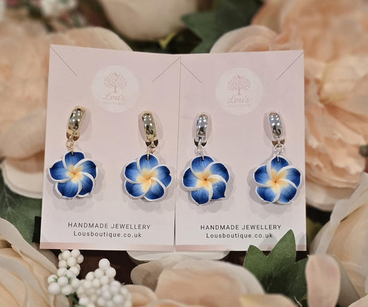 Handmade blue and yellow frangipani huggie Earrings | Polymer Clay, Sterling Silver or gold plated