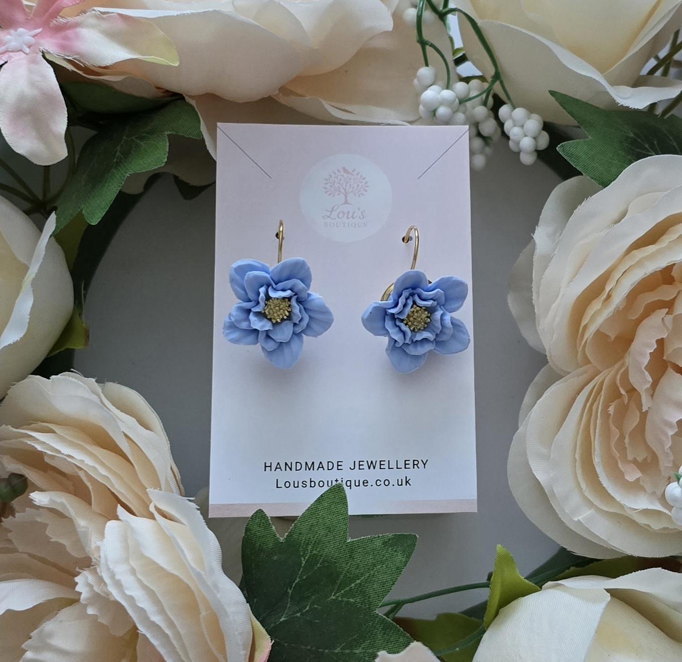 Handmade purple or blue flower hoop Earrings | Polymer Clay, Silver or gold plated