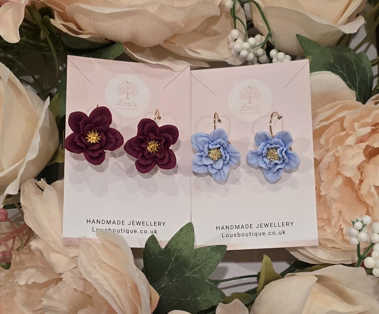 Handmade purple or blue flower hoop Earrings | Polymer Clay, Silver or gold plated